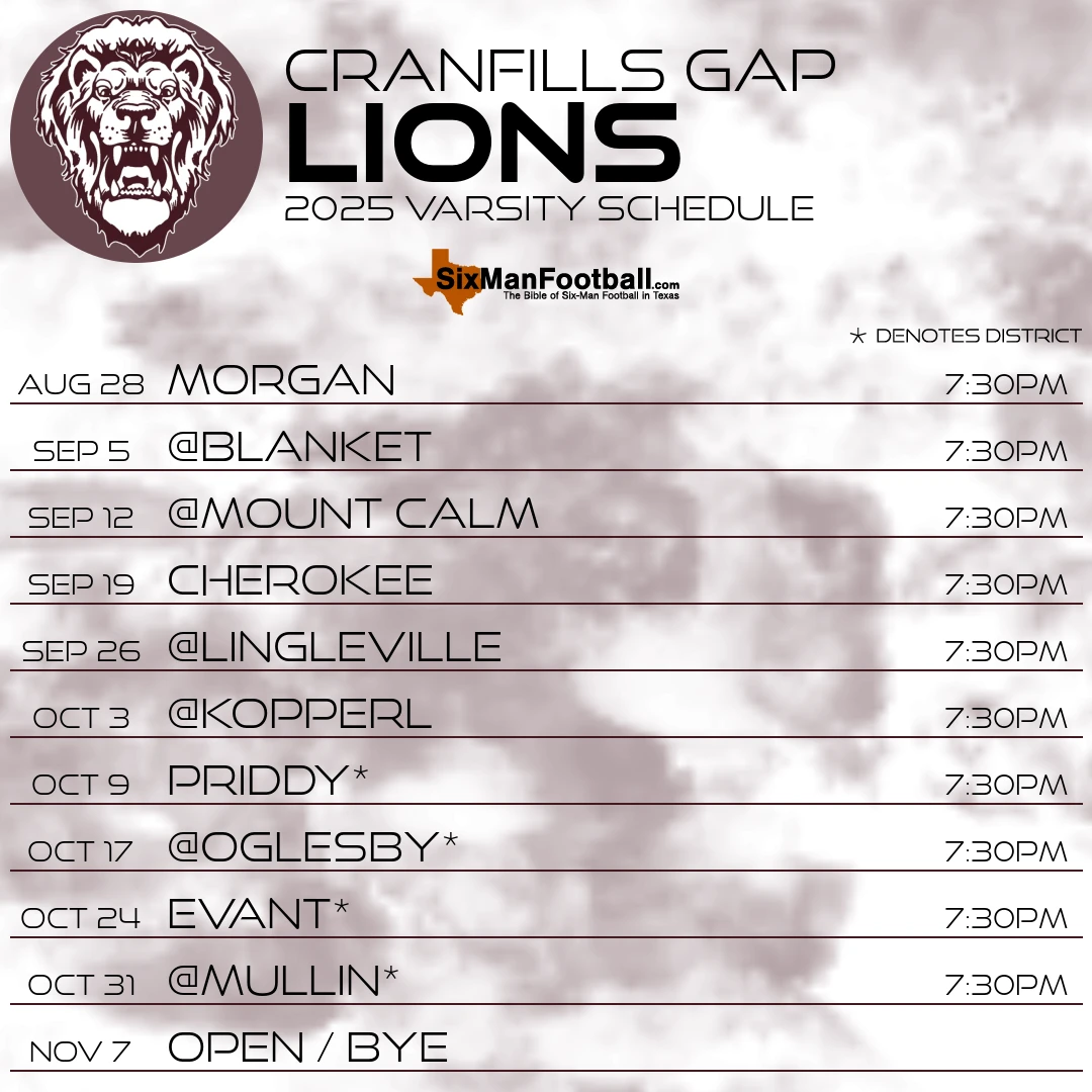 Cranfills Gap Lions 2025 football schedule