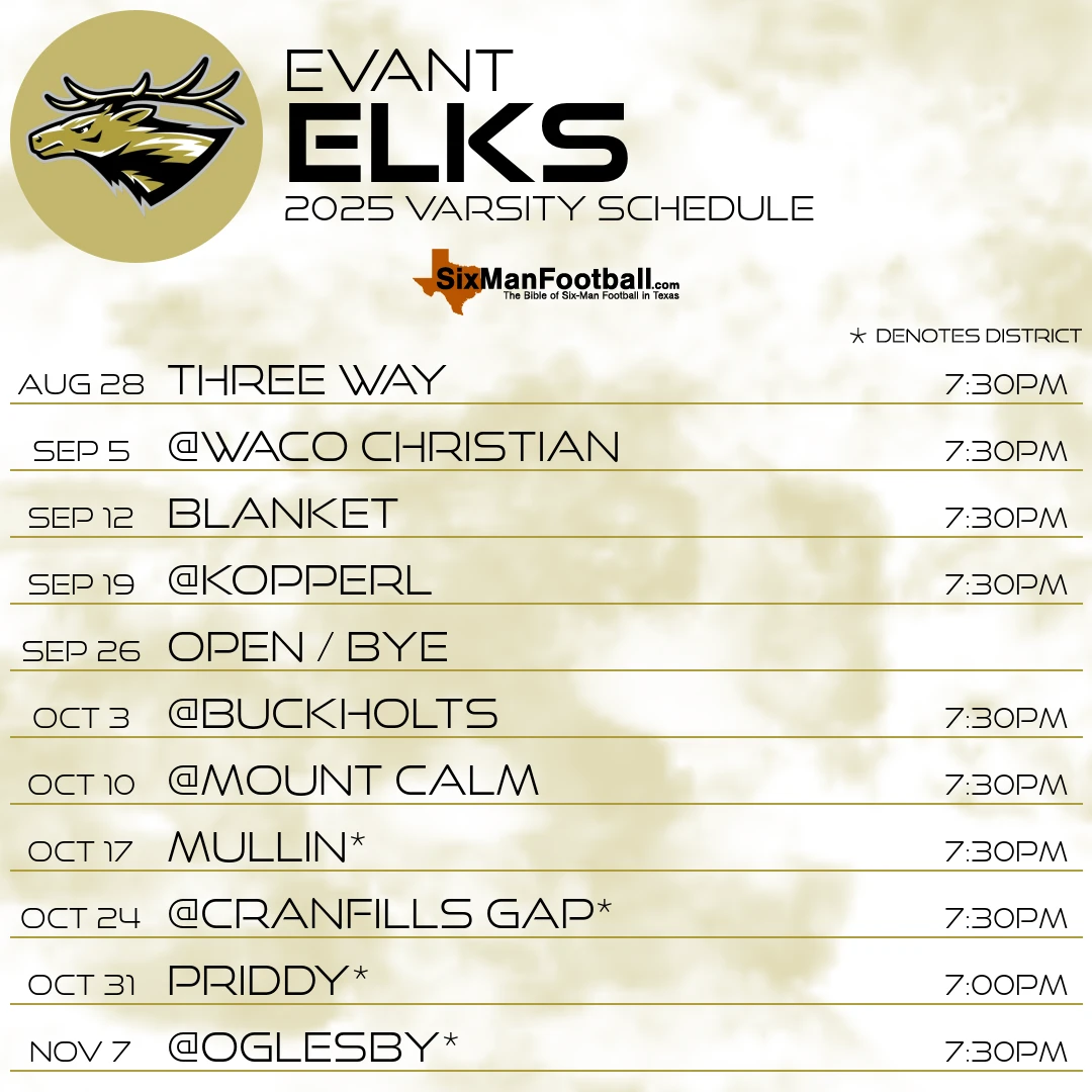 Evant Elks 2025 football schedule