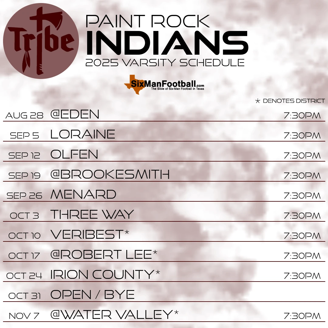 Paint Rock Indians 2025 football schedule