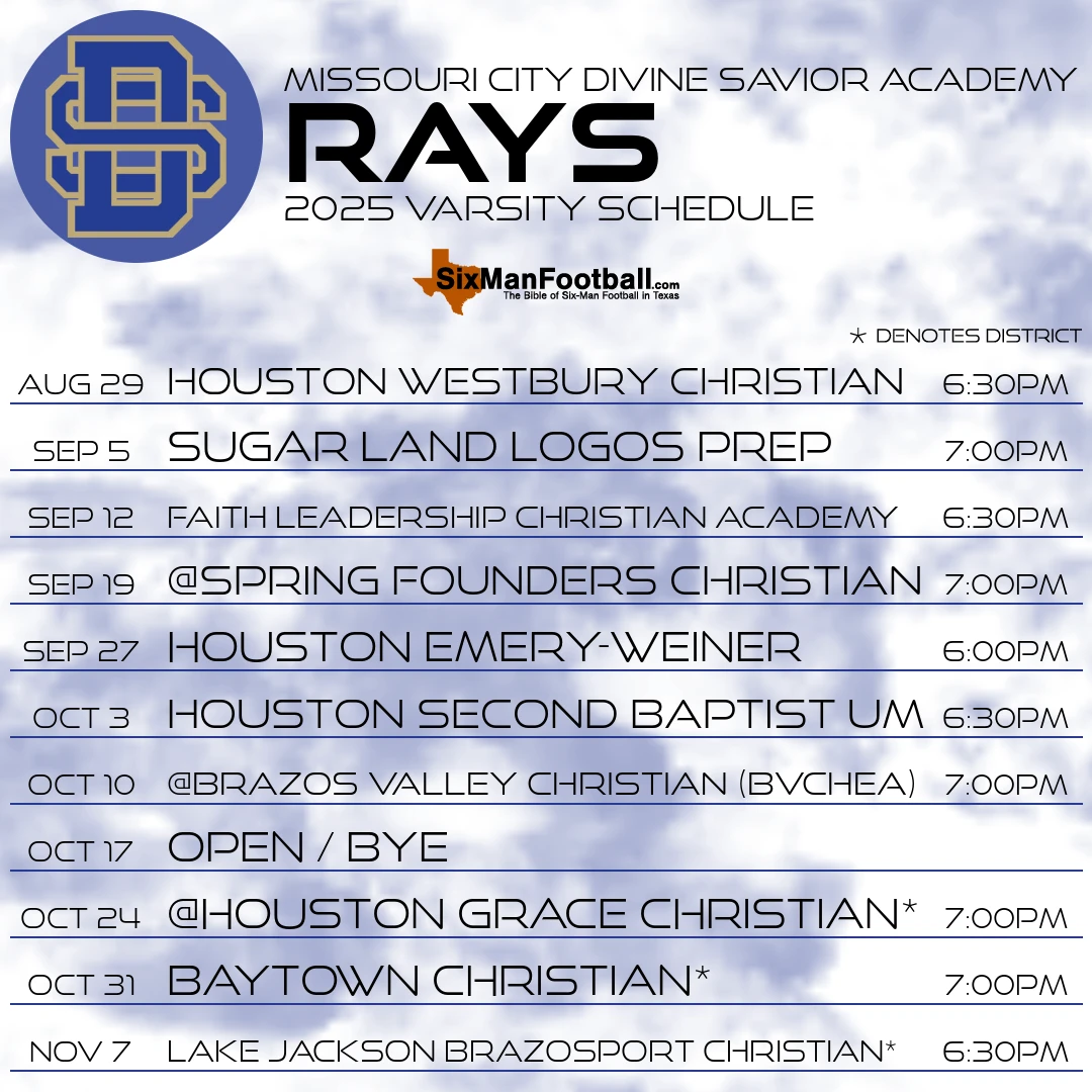 Missouri City Divine Savior Academy Rays 2025 football schedule