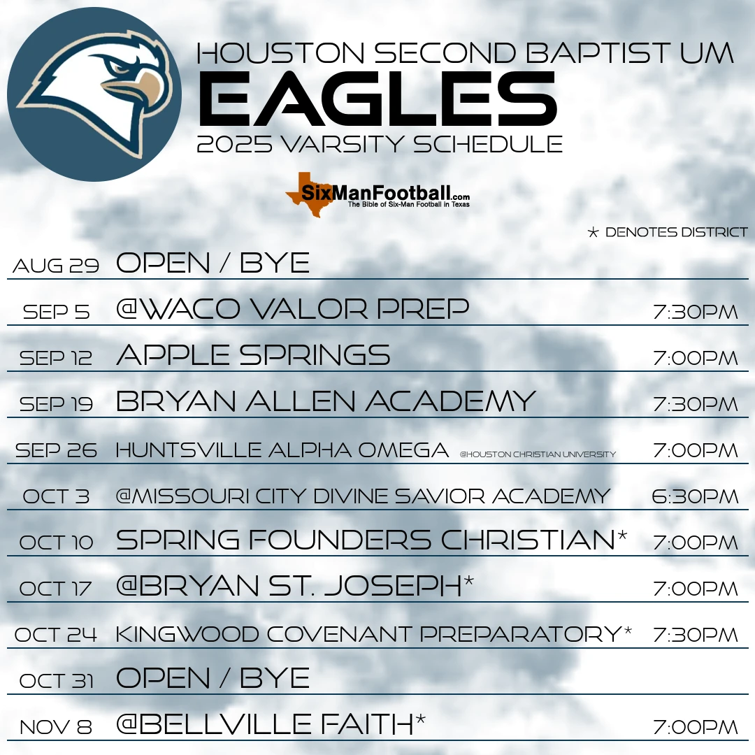 Houston Second Baptist UM Eagles 2025 football schedule