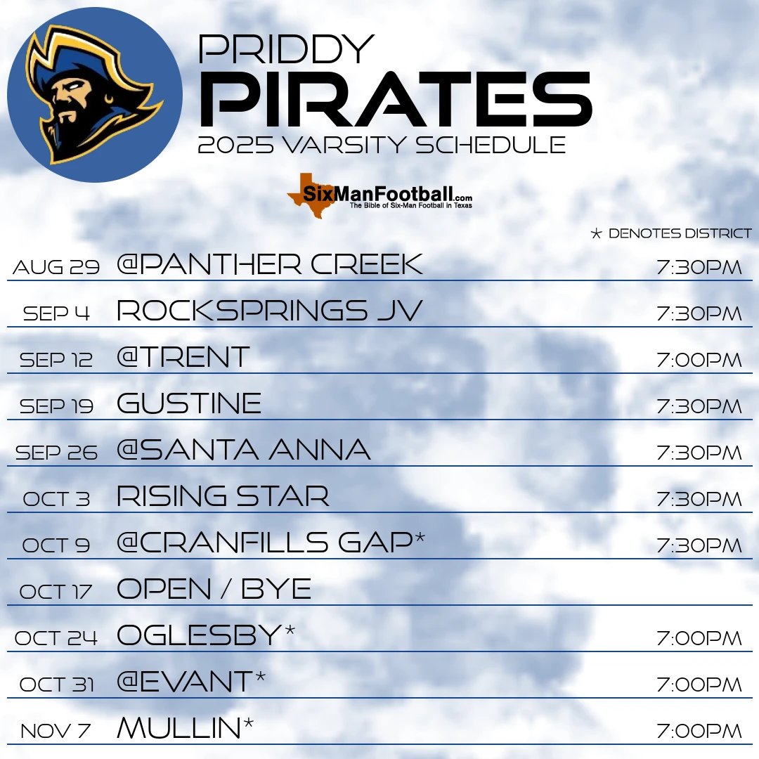 Priddy Pirates 2025 football schedule