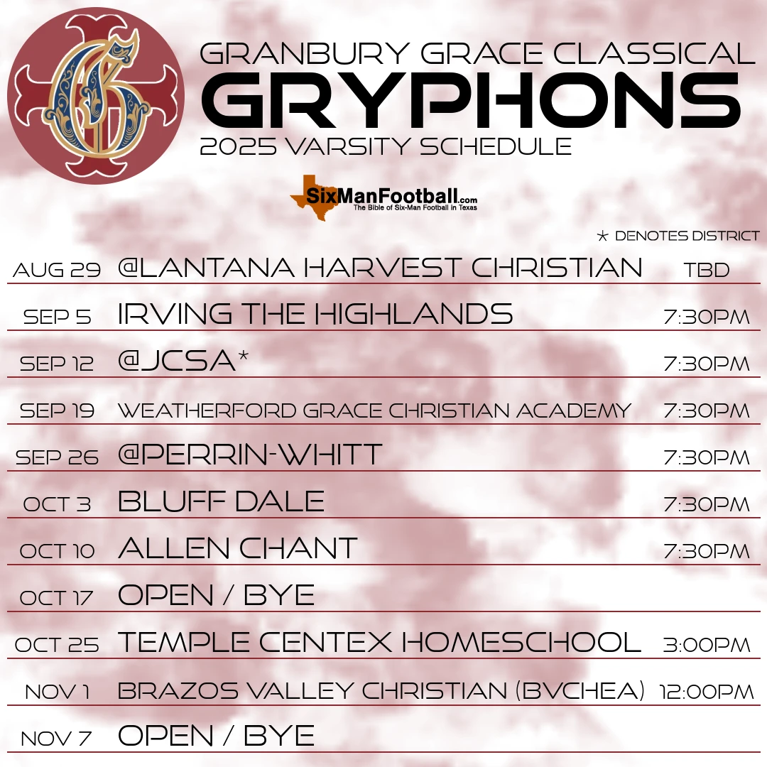 Granbury Grace Classical Gryphons 2025 football schedule