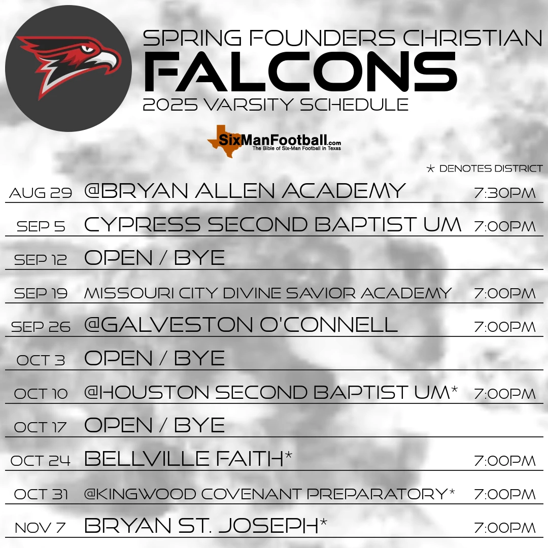 Spring Founders Christian Falcons 2025 football schedule