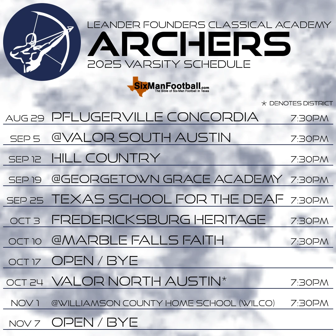 Leander Founders Classical Academy Archers 2025 football schedule