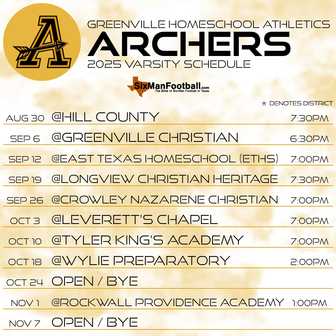 Greenville Homeschool Athletics Archers 2025 football schedule