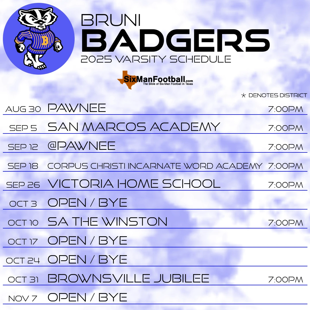 Bruni Badgers 2025 football schedule