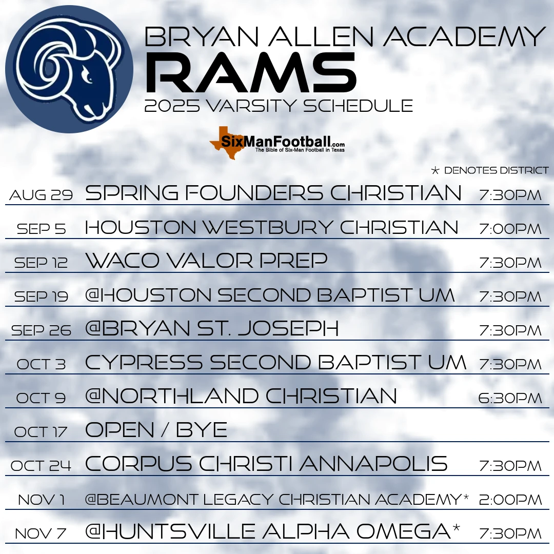 Bryan Allen Academy Rams 2025 football schedule