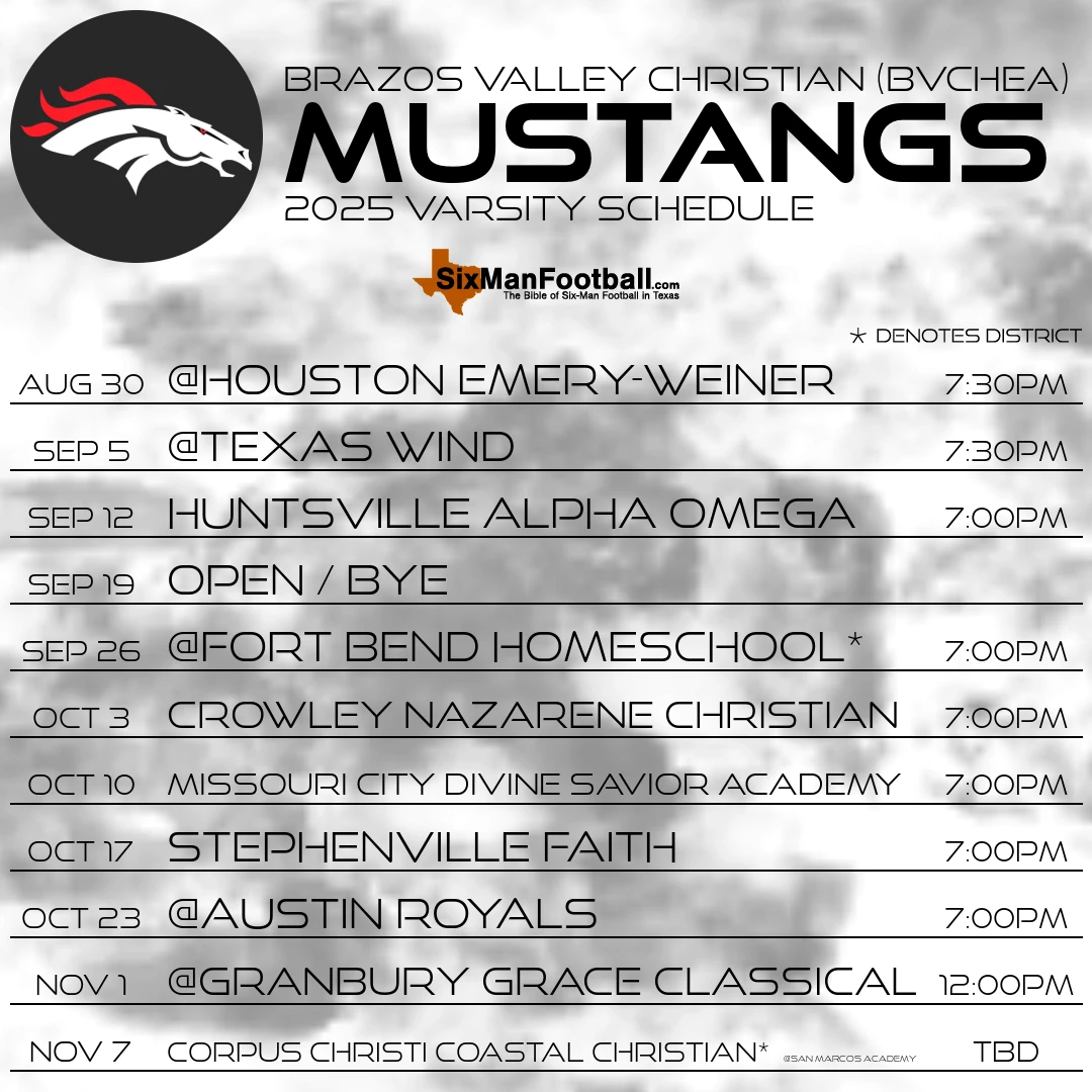 Brazos Valley Christian (BVCHEA) Mustangs 2025 football schedule