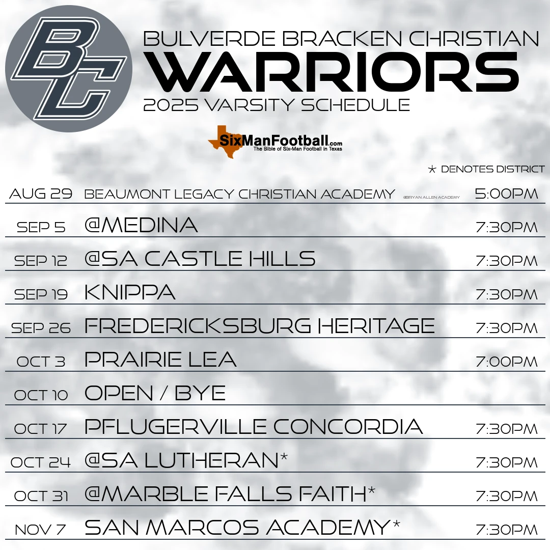 Bulverde Bracken Christian Warriors 2025 football schedule