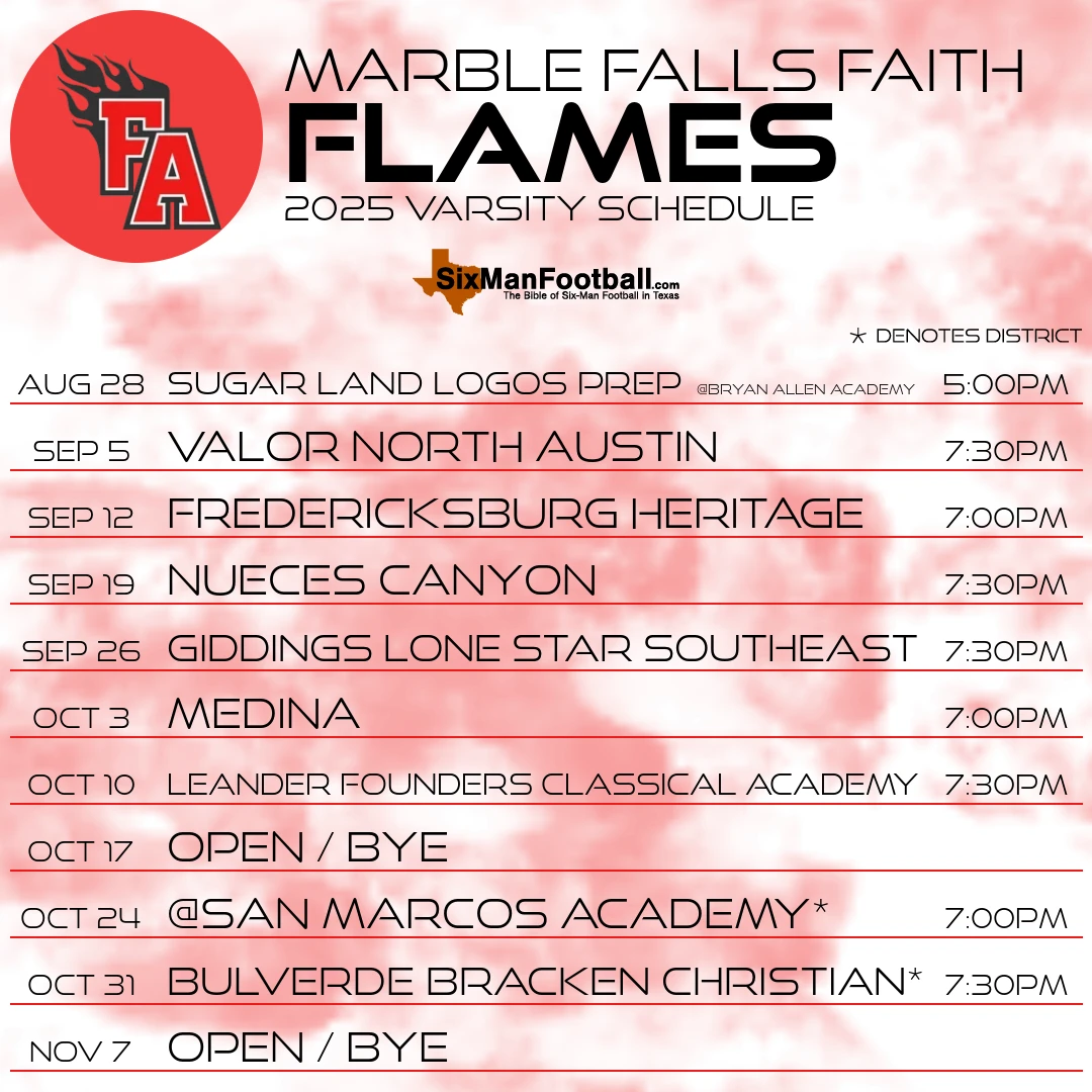 Marble Falls Faith Flames 2025 football schedule