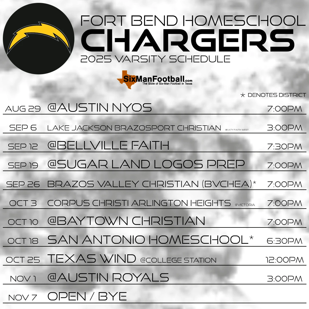 Fort Bend Homeschool Chargers 2025 football schedule