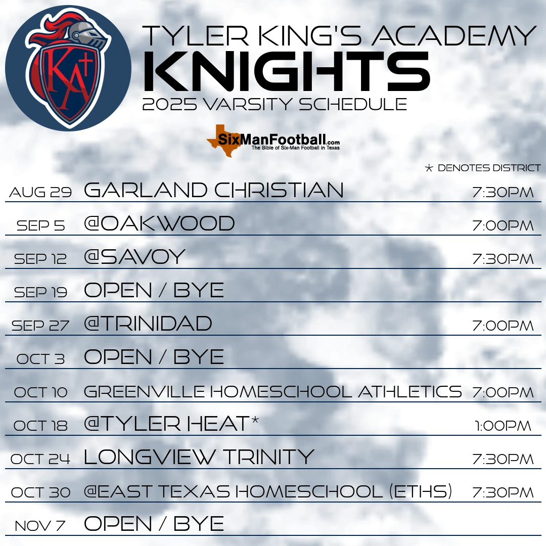Tyler King's Academy Knights 2025 football schedule