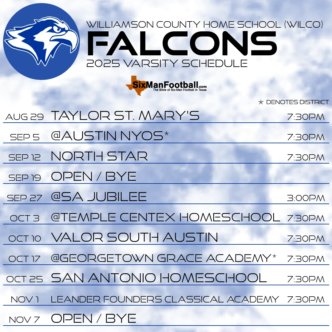 Williamson County Home School (WILCO) Falcons 2025 football schedule